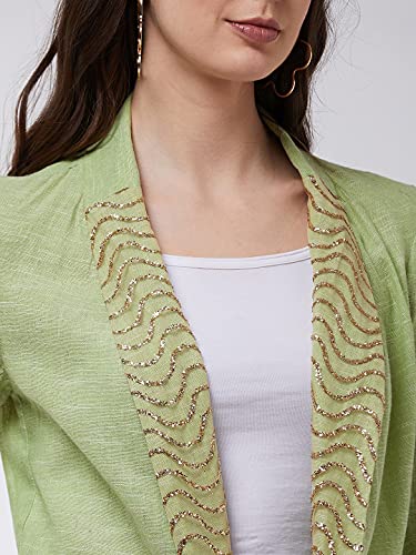 Zima Leto Women'S Solid Pastel Blazer And Pant Set | Full Sleeves Shawl Collar Cotton Solid Clothing Set - (Green, M)