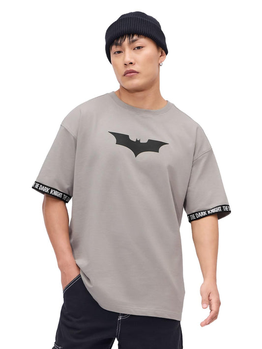 The Souled Store Official Batman: Logo Men and Boys Short Sleeves Round Neck Grey Graphic Printed Cotton Oversized T-Shirts