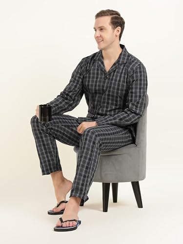 Hancock Men Cotton Checked Relaxed Fit Night Suit Black Size XL