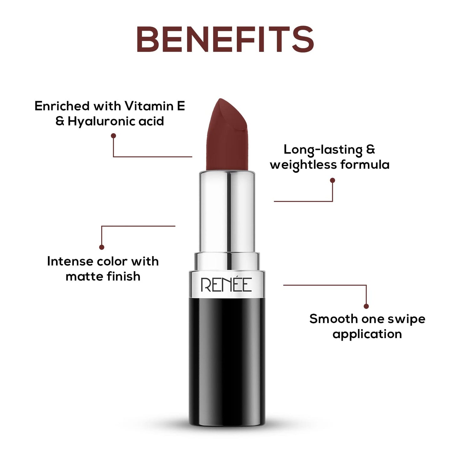 RENEE Stunner Matte Lipstick - Big Bang 4gm| Intense Color Pay Off, Full Coverage Long Lasting Weightless Velvety Formula with One Swipe Application| Enriched with Vitamin E & Hyaluronic Acid