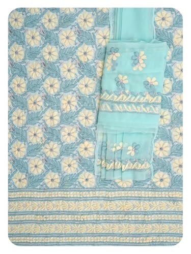 Ada Hand Embroidered Lucknowi Chikankari Unstitched Georgette Dress Material Suit Piece with Dupatta for Women 01A896012 Sea Green