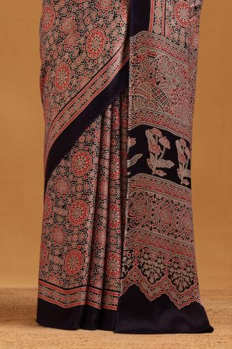 Soch Womens Navy Blue Viscose Ajrak Saree