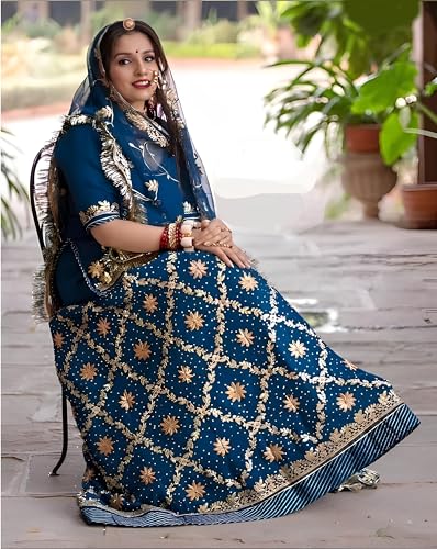 SHYAMLATA Rajasthani Ethnic Bridal Lehenga Choli Set – Traditional Handcrafted Poshak for Women – Stones with Silver Zari Work (Light Blue)