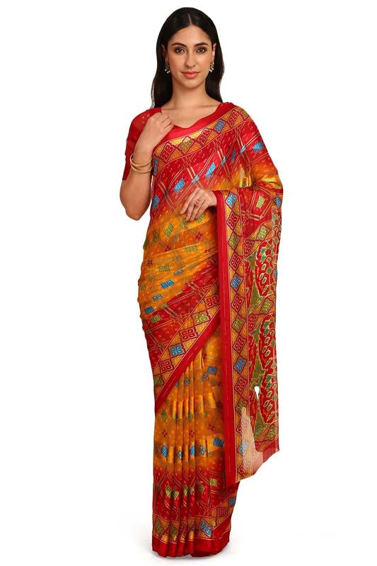 Soch Womens Mustard Chiffon Bandhani Print Saree