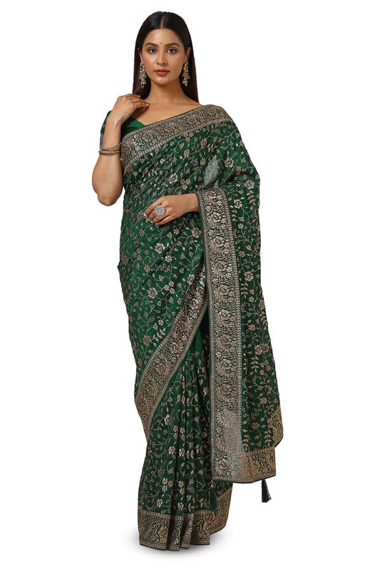 Soch Womens Green Tussar Embroidered Saree With Tassels