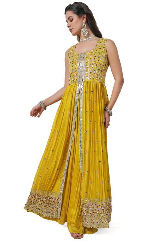 Soch Womens Yellow Sequin Embellished Georgette Blend Ethnic Gown