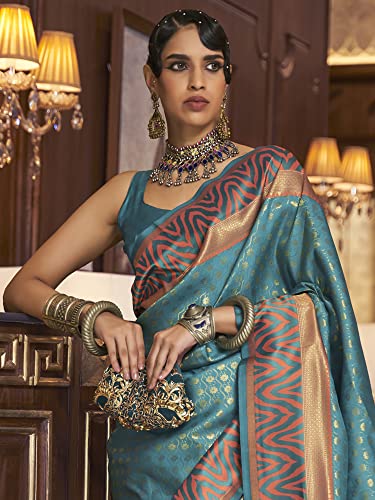 AKHILAM Women's Woven Design Silk Blend Saree With Unstitched Blouse Piece (Turquoise_KAZAH271001)