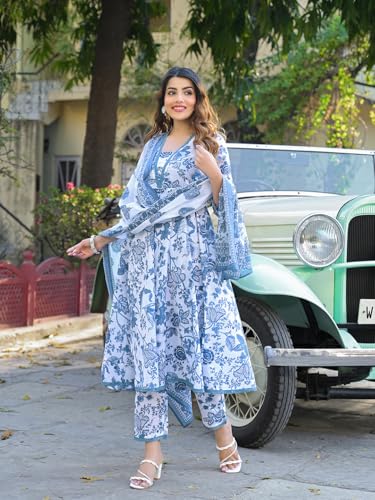 Divena Blue Floral Printed Anarkali Pure Cotton Kurta with Trousers & Dupatta