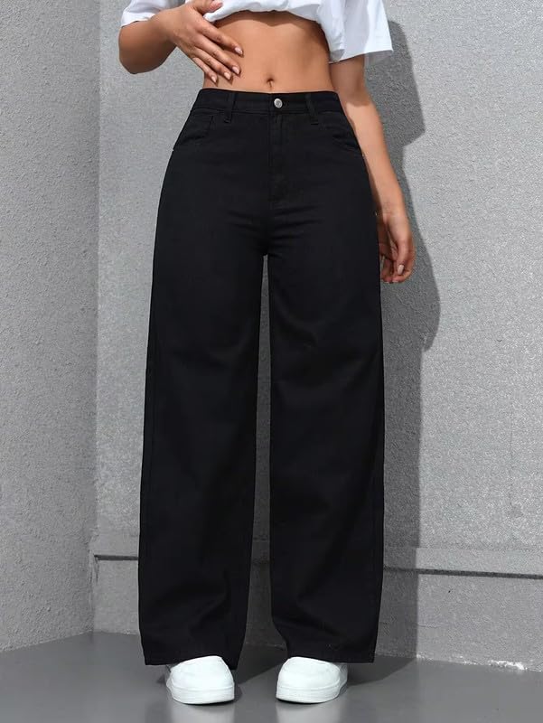 London Hills Women’s High Rise Wide Leg Jeans | Relaxed Fit Baggy Denim Pants | Stylish Straight Fit Comfortable Casual Wear Jeans for Women (Black)