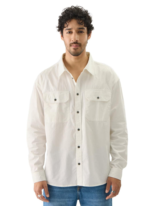 The Souled Store Solids Off White Long Sleeve Collared Cotton Utility Shirts for Mens & Boys- Regular Fit with Classic Style