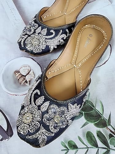 Fulkari Women Poppy Gunmetal Silver Soft Leather Embroidered Jutis | Bite and Pinch Free Jutti | Punjabi Formal Juttis | Girl's Wedding Flat Ladies Mojari | Formal Ethnic Juti | 41