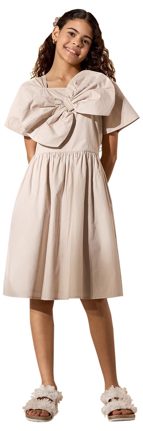 Max Girl's Cotton A-Line Midi Dress (B25KGOFSDR563_Cream