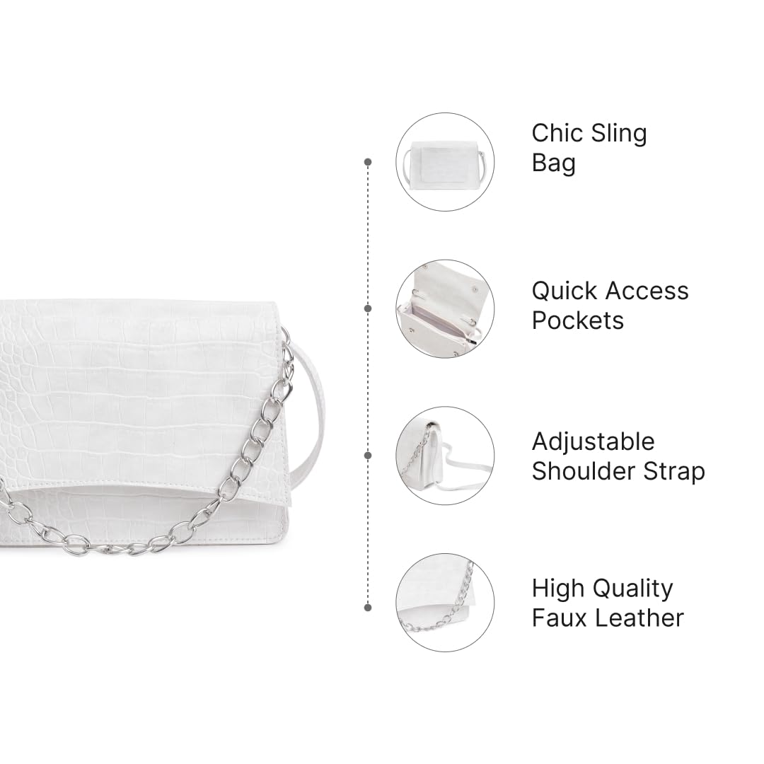 Fastrack Party Sling Bag for Women |Stylish and Structured Handbag for Girls, Ladies, Women | Textured Bag Made of faux Leather (White)