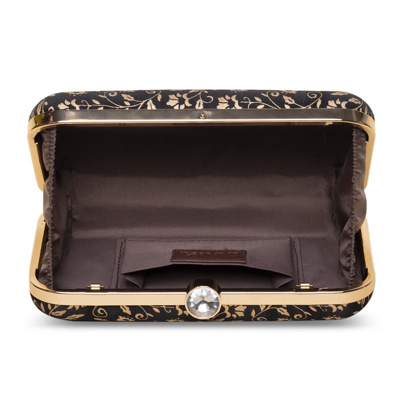 ZOUK Srinagar Garden Floral Printed Women's Mashru silk Black and Golden Clutch for iphone