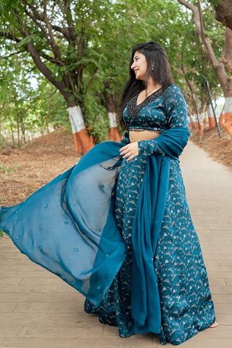 essaySumedha Agrawal Organza Satin Organza Santoon Floral Lehenga for Women (Size: XXL, Teal)