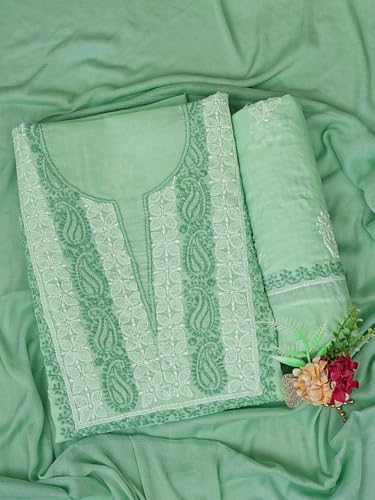 Ada Hand Embroidered Lucknowi Chikankari Unstitched Cotton Dress Material Suit Piece with Dupatta for Women 01A873268 Sea Green