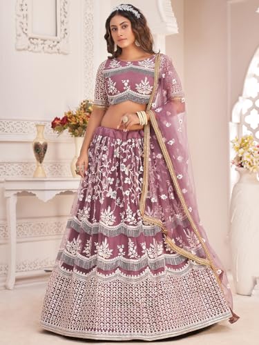 Zeel Clothing Women Embroidered Soft Net Semi-Stitched Lehenga Choli With Dupatta (2111-Mauve-Wedding-Stylish-Latest; Free Size)