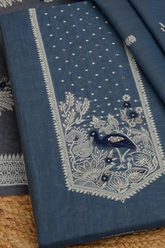 Soch Womens Blue Chanderi Woven Design Unstitched Dress Material With Beads