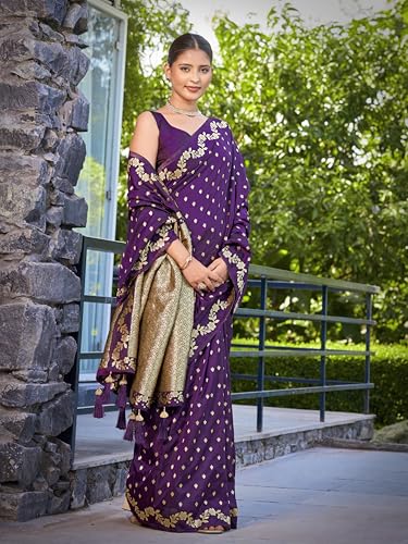 MANOHARI Women's Most Trendy Banarasi Satin Silk Woven Dark Purple Saree With Heavy Jacquard Work Saree With Blouse Piece_MN2061