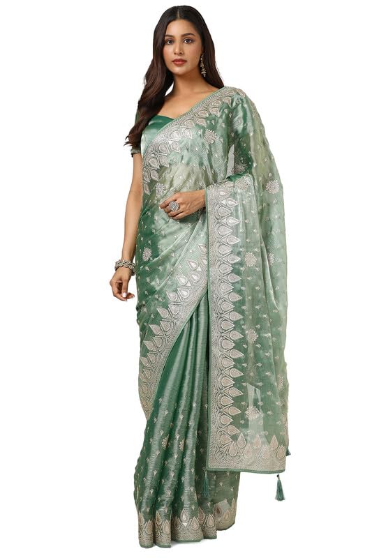 Soch Womens Light Green Organza Embroidered Saree With Stone Work