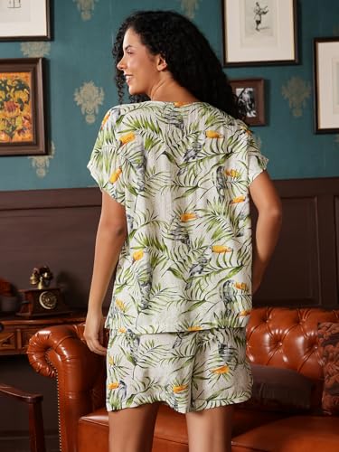 Clovia Women's Rayon Printed Top & Shorts Set (LS0533P11_Green_L)