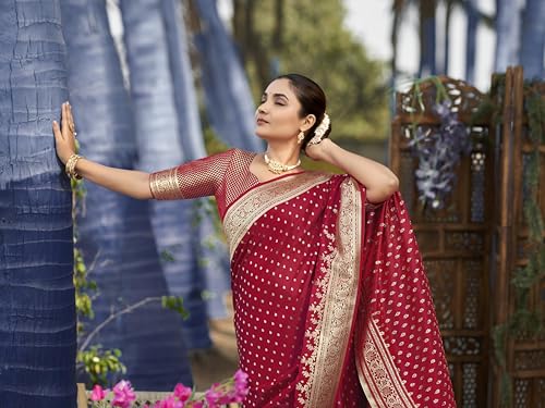MANOHARI Women's Most Trendy Banarasi Satin Silk Woven Red Saree With Heavy Jacquard Work Saree With Blouse Piece_MN2023