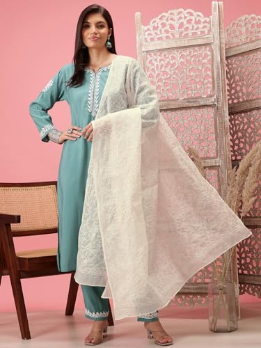 Ada Hand Embroidered Lucknowi Chikankari Ethnic Wear White Kota Doria Dupatta for Women A511222