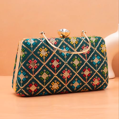 Artklim Dark Teal Based Sequins And Threadwork Embroidery Clutch Bag for Women