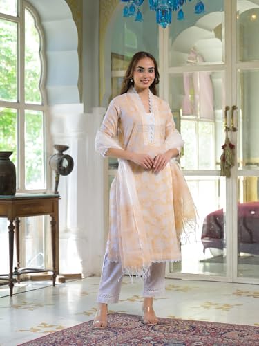 Divena Peach Block Print Cotton Straight Kurta Pant with Dupatta