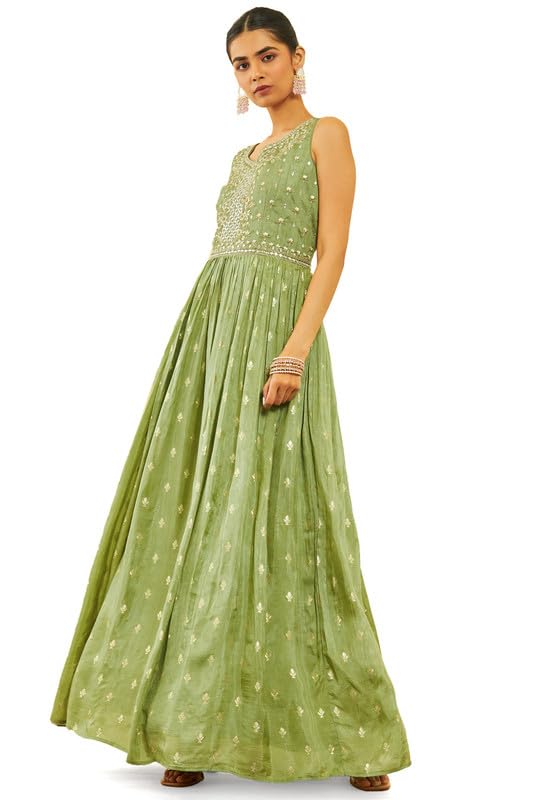 Soch Womens Green Organza Woven Design Ethnic Gown with Mirrors