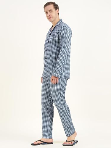 Hancock Men Cotton Checked Relaxed Fit Night Suit Blue Size S