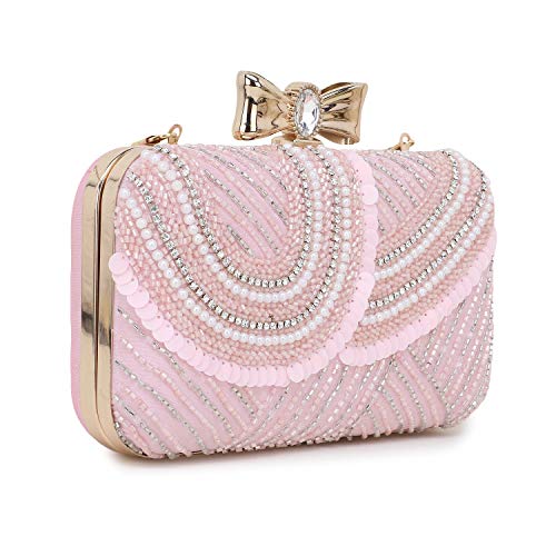 Anekaant Adorn Baby Pink & White Embellished Faux Silk Clutch