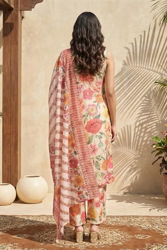 W for Woman Pink Floral Printed Straight Kurta with Pant and Dupatta Set - (WS13073-126328-M)