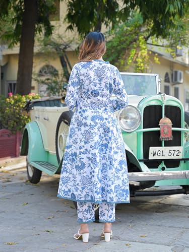 Divena Blue Floral Printed Anarkali Pure Cotton Kurta with Trousers & Dupatta