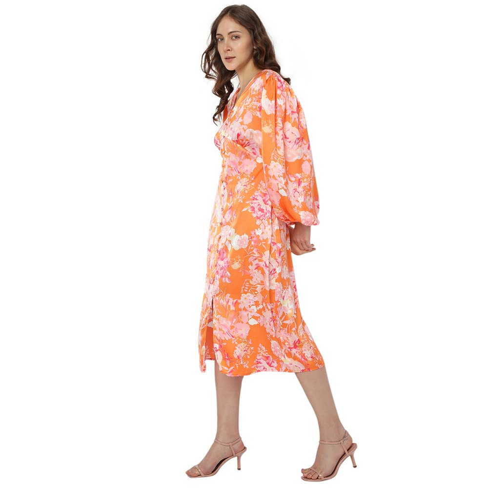 VERO MODA Printed Polyester V Neck Women's Midi Dress (Orange,Xs)