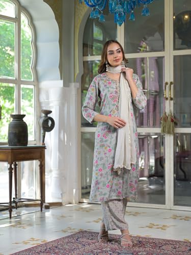 Divena Light Grey Floral Print Muslin Kurta Trouser with Dupatta