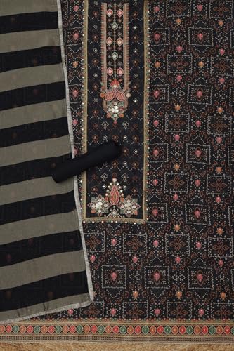 Soch Womens Black Russian Silk Bandhani Print Unstitch Dress Material With Faux Mirror