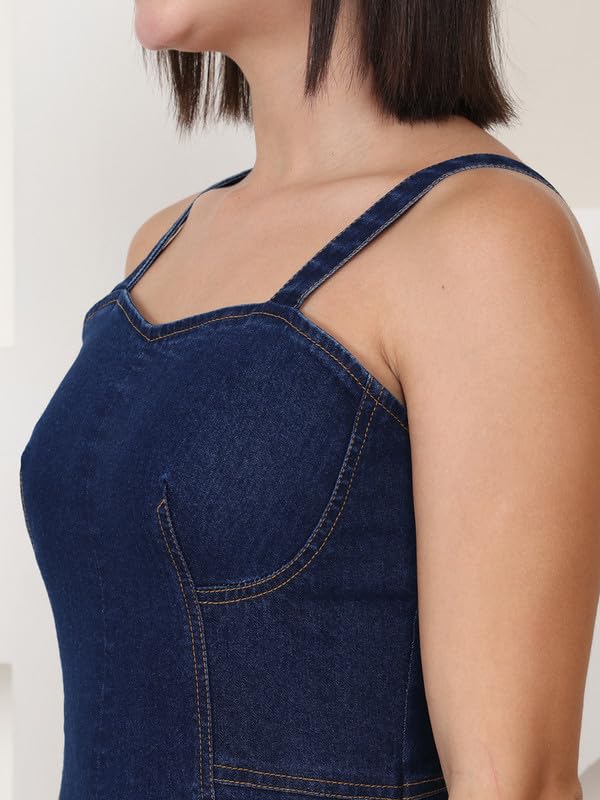 Puella Women’s Dark Blue Sleeveless Flared Denim Midi Dress | Sweetheart Neck | Fit & Flare Style | Stretchable Cotton | Casual Western Dress