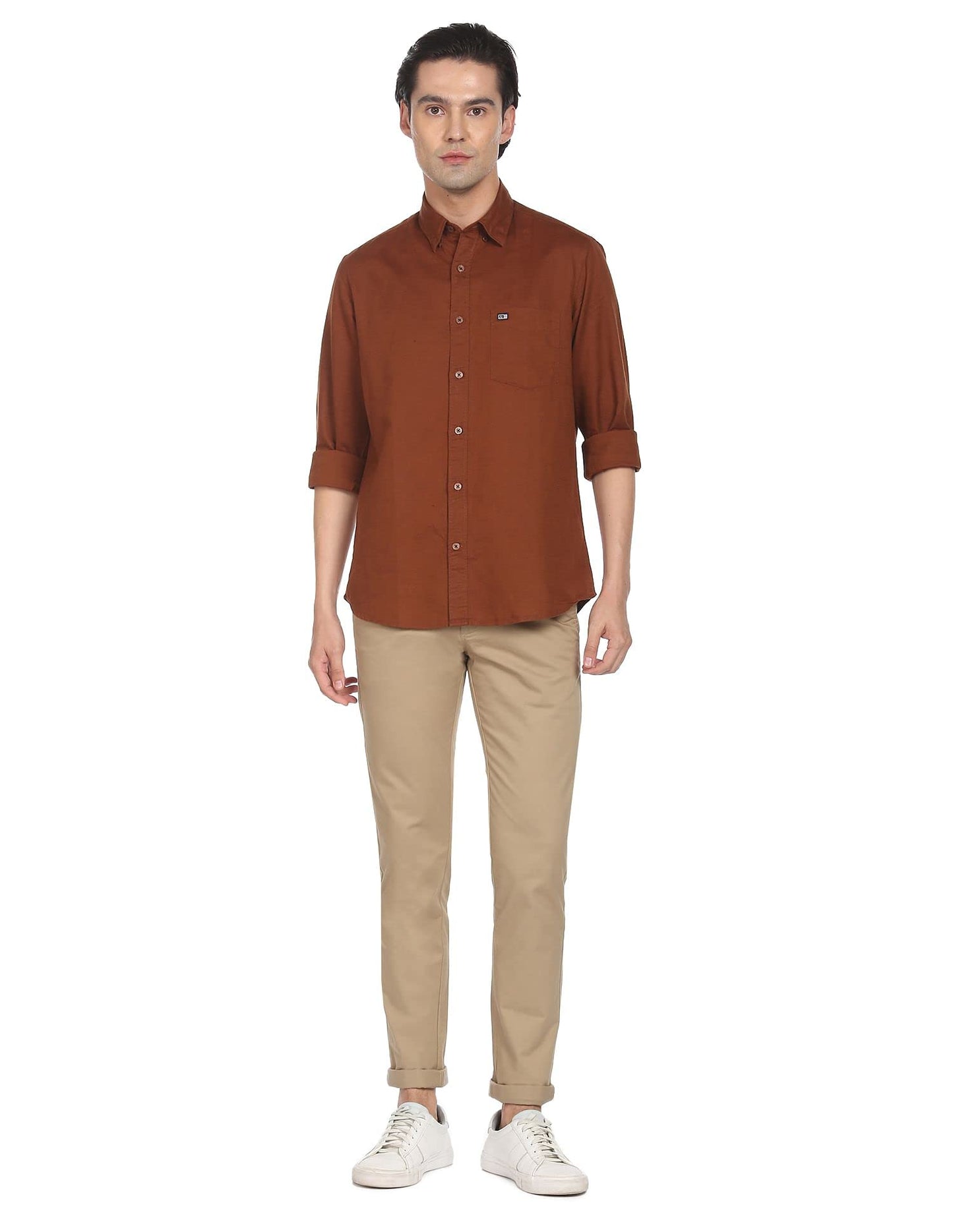 Arrow Men's Solid Slim Fit Acrylic Casual Trouser Khaki