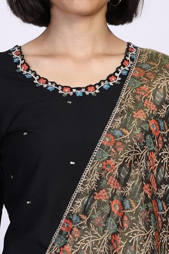 W for Woman Floral Thread Embroidered Straight Woven Kurta with Flared Pant and Printed Dupatta Set - Black (WS13275-224385-XXL)
