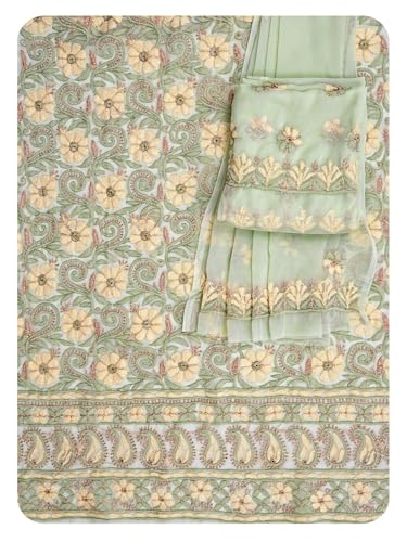 Ada Hand Embroidered Lucknowi Chikankari Unstitched Georgette Dress Material Suit Piece with Dupatta for Women 01A896014 Pista Green