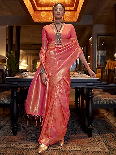 AKHILAM Women's Woven Design Silk Blend Saree With Unstitched Blouse Piece (Peach_KAIROS258006)