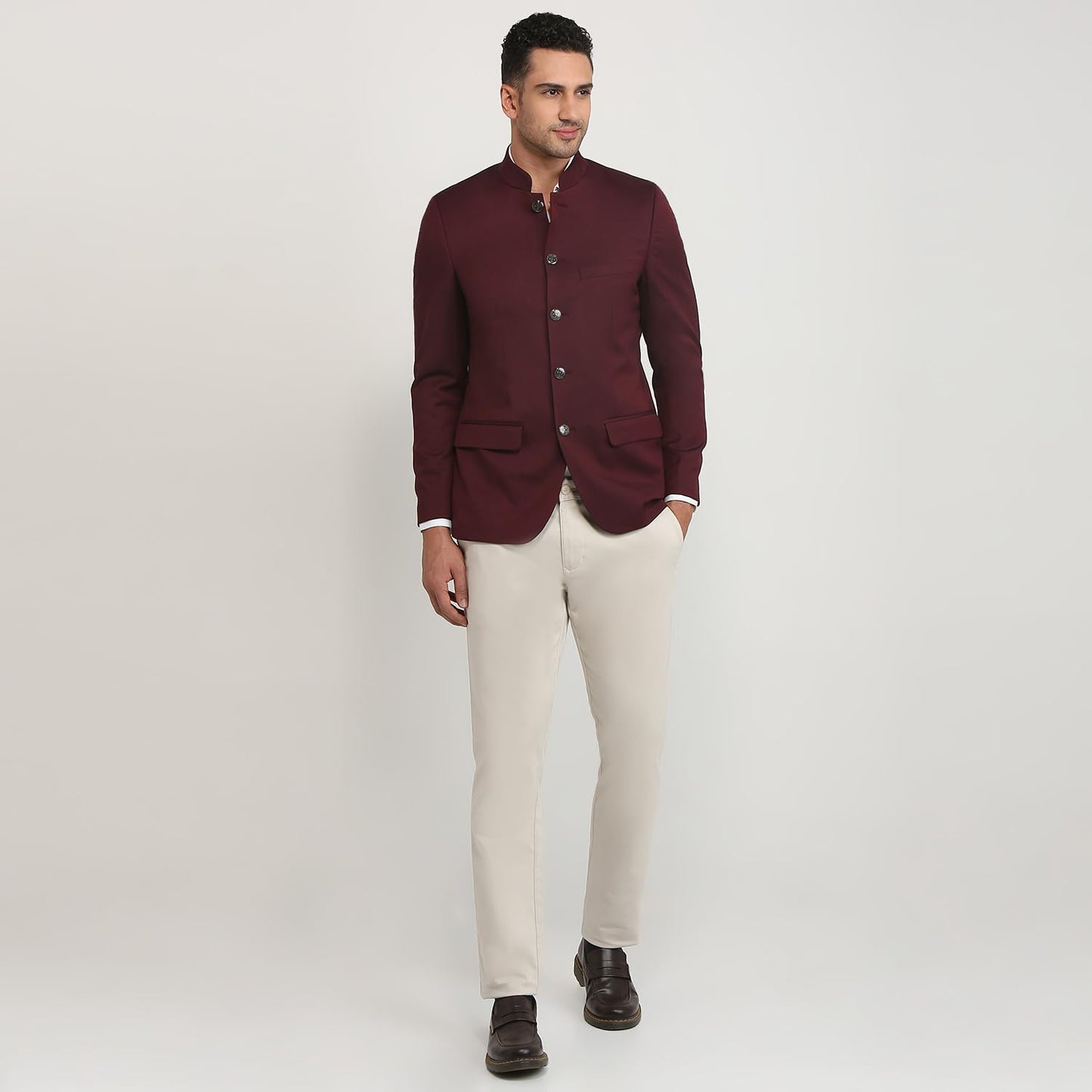 Raymond Men Regular Fit Solid Pattern Terry Rayon Blend Stand Collar Full Sleeve Ceremonial Jacket (Size: 40)-RIJI00129-M7 Dark Maroon