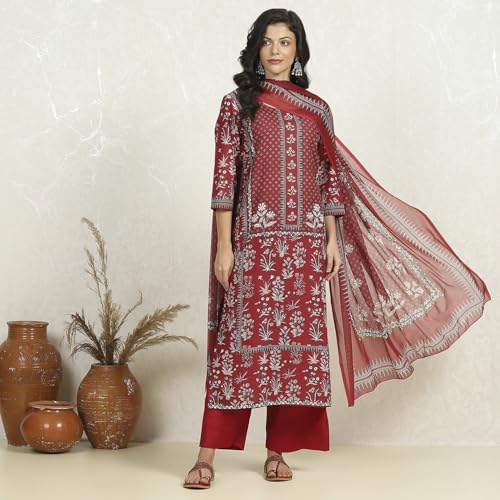 Biba Women Green-Maroon Cotton Unstitched Suit Set_Free Size