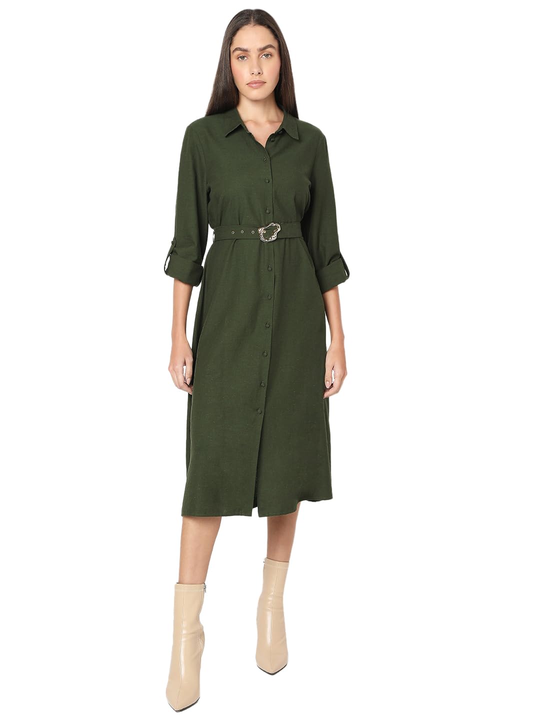 VERO MODA Women's Viscose Shirt Midi Dress (9008974-Olive Branch_Olive