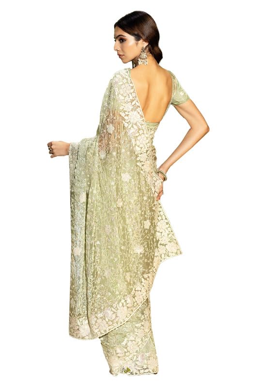 Soch Womens Light Green Organza Embroidered Saree With Sequins Work
