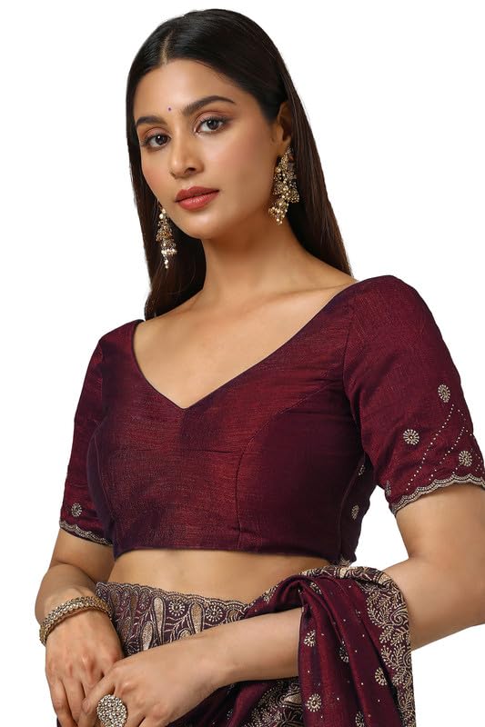 Soch Womens Maroon Tussar Embroidered Saree With Stone Work