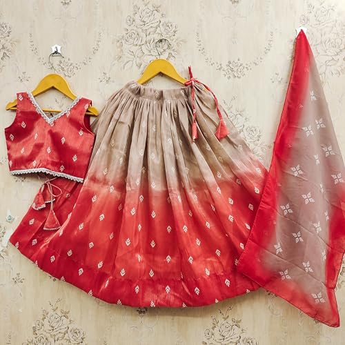 Kidsella Girls Soft Silk Printed Lehenga Choli Set | Kids Readymade Ethnic Wear | Girls Traditional Dress (Red, 3-4 Years)