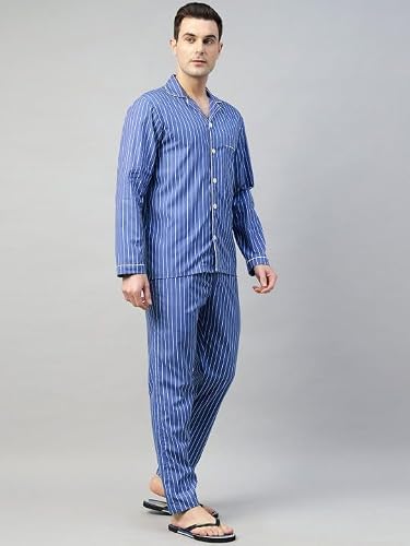 Hancock Men Cotton Printed Night Suit Blue & White Size L
