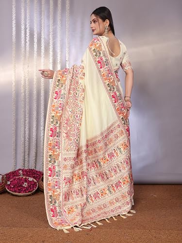 SWORNOF Women's Patola Silk Saree With Unstitched Boluse Piece (WHITE-2)